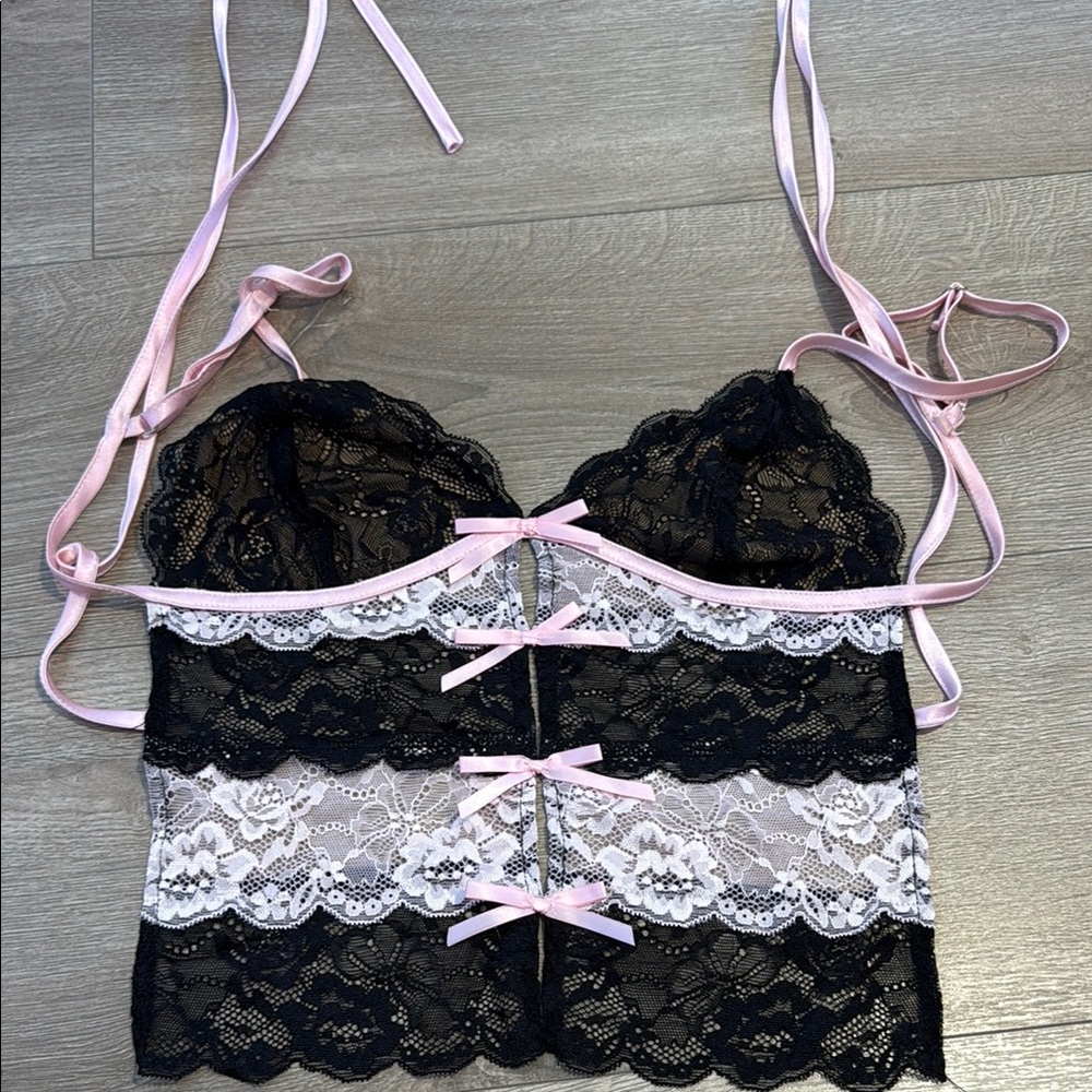 Edikted Black and Pink Bra Top with Sophisticated Lace